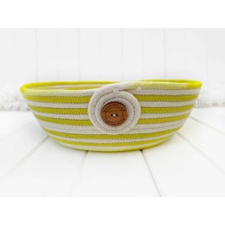 Hand dyed chartreuse colour ombre coiled rope bowl with smart wooden button, ready to ship