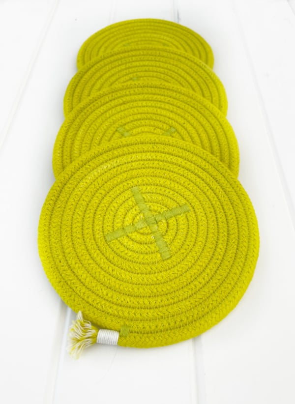 Buster and Coco chartreuse dyed coasters
