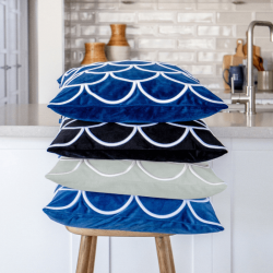 DARLEY Dark Blue and White Scallop Embroidered Velvet Cushion Cover 50 cm by 50 cm