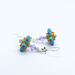 “Octopussi” – Artisan Glass bead earrings – blue and purple multi coloured glass bead with purple Swarovski crystal bead