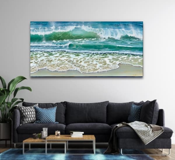 "Windswept" A Beautiful Fine Art Canvas Print from an original artwork, of a rolling wave crashing onto the beach