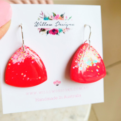 Handmade Christmas Red Sparkly Polymer Clay Triangle Glitter and Resin Earrings (HOOKS)