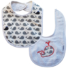 Handmade, gender neutral reversible baby bib in grey, white and red with a sweet appliqued whale on the reverse.