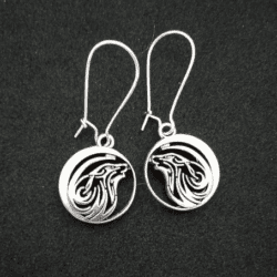 Silver round wolf charm dangle earrings
