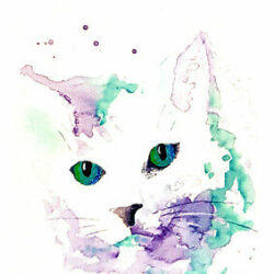 Cat greeting card in white purple and turquoise from an original watercolor